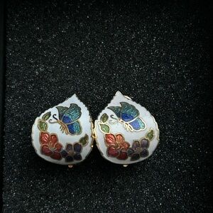 Vintage Cloisonné and Gold Clip On Earrings